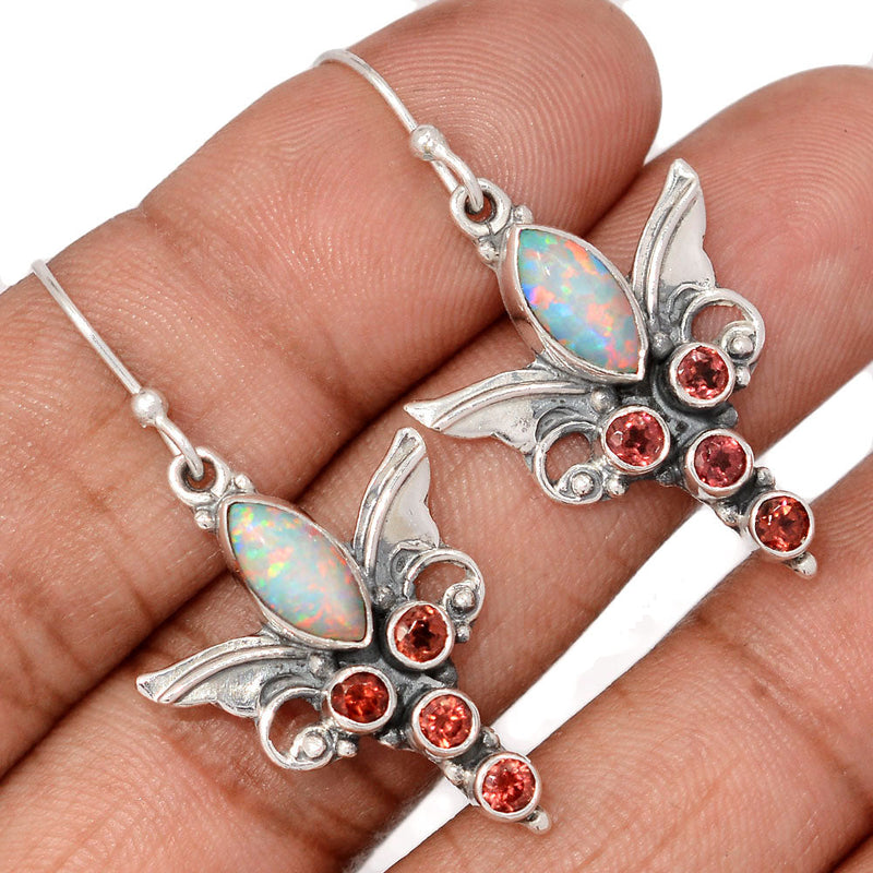 1.6" Scared Angel Wings - Lab Grown Fire Opal & Garnet Faceted Earrings - DSNE127