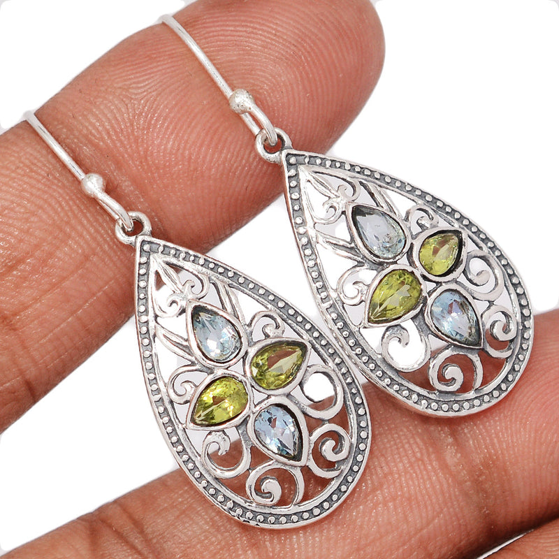 1.7" Southwest - Blue Topaz & Peridot Faceted Earrings - DSNE209