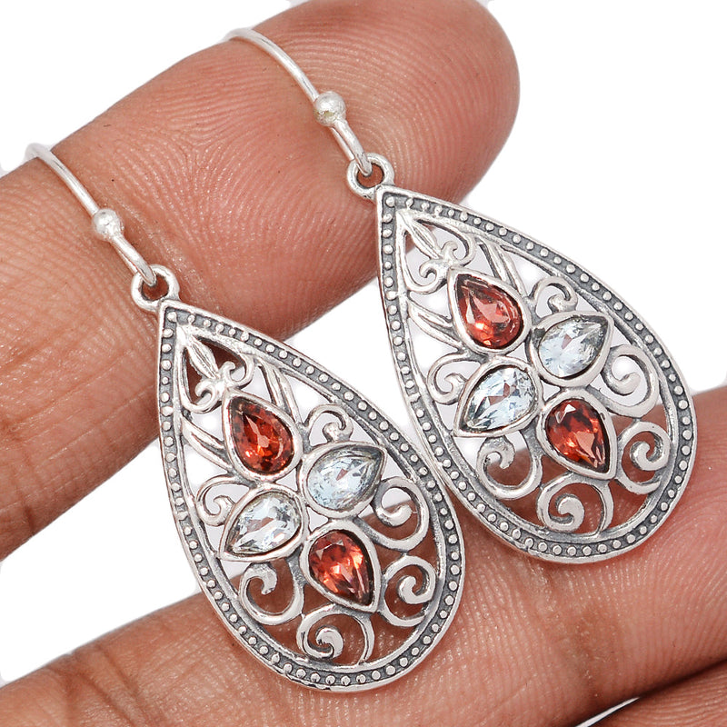 1.7" Southwest - Garnet Faceted & Blue Topaz Earrings - DSNE228