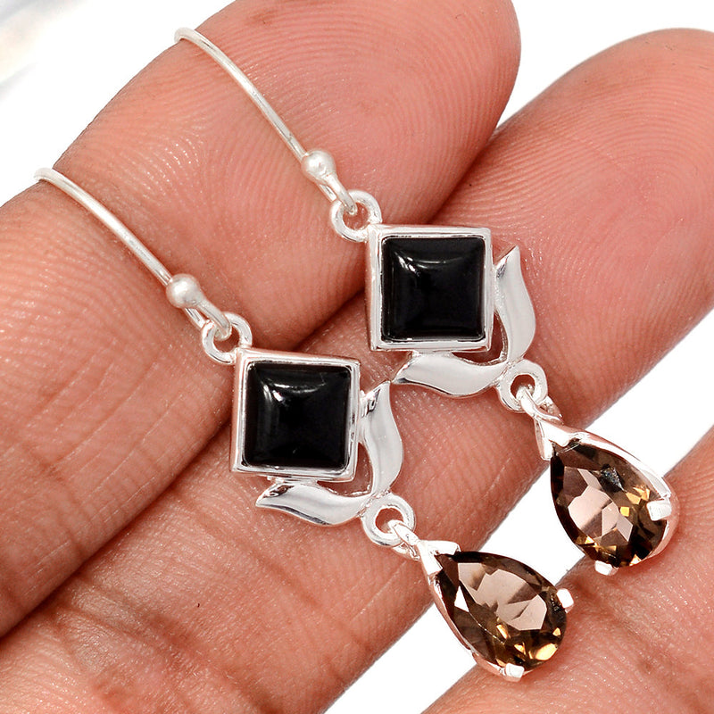 1.7" Designer - Smokey Topaz & Black Onyx Earrings - DSNE235