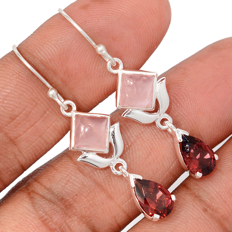 1.7" Designer - Garnet Faceted & Rose Quartz Earrings - DSNE237