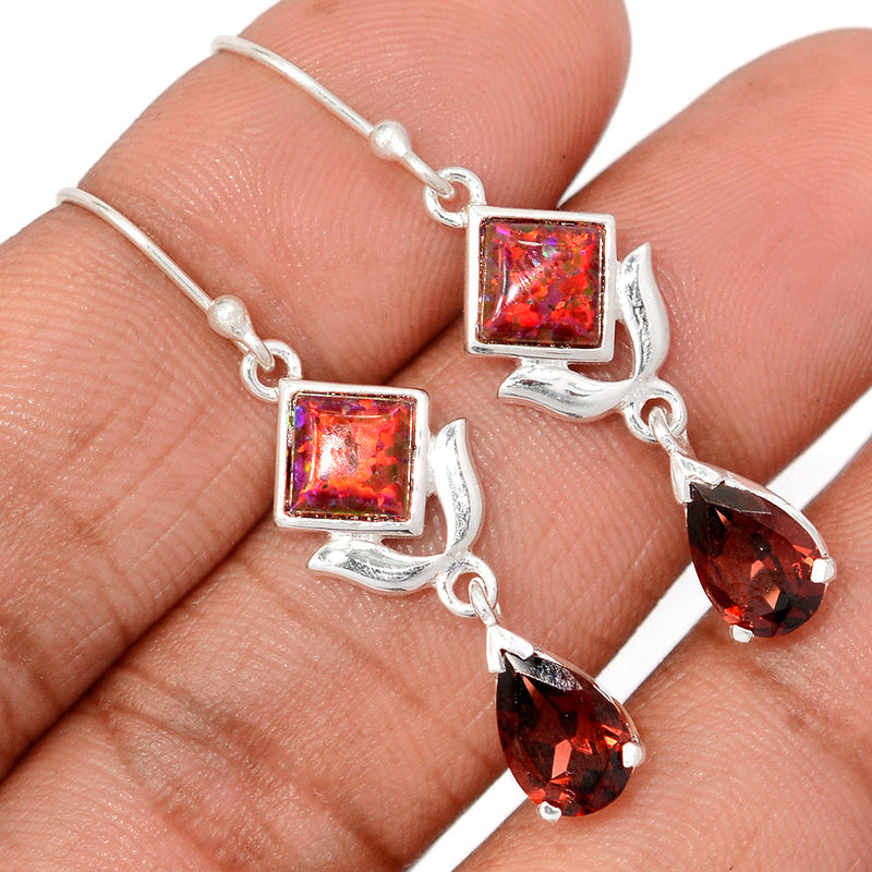 1.7" Designer - Garnet Faceted & Fire Opal Earrings - DSNE239