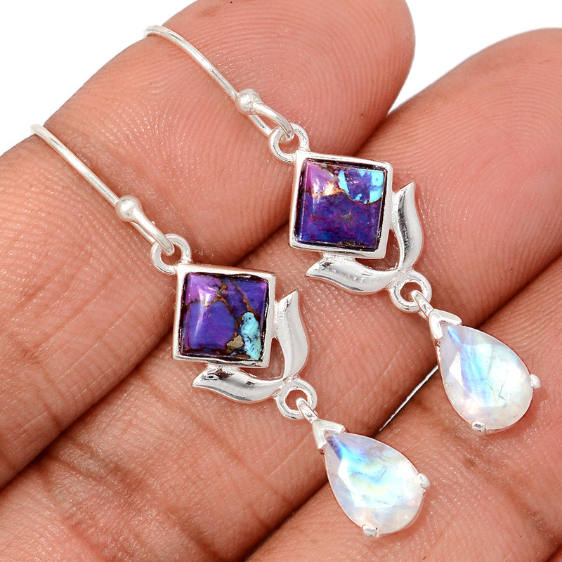 1.7" Designer - Moonstone Faceted & Purple Copper With Blue Turquoise Earrings - DSNE240