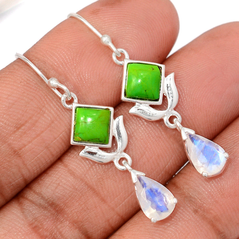 1.7" Designer - Moonstone Faceted & Mohave Green Turquoise Earrings - DSNE242