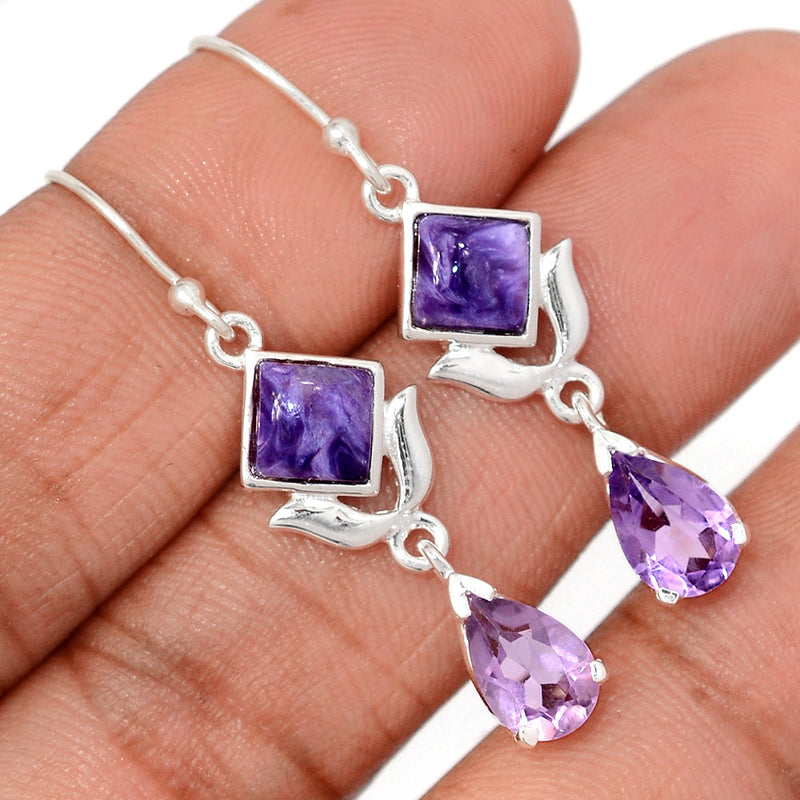 1.7" Designer - Amethyst Faceted & Charoite Earrings - DSNE243