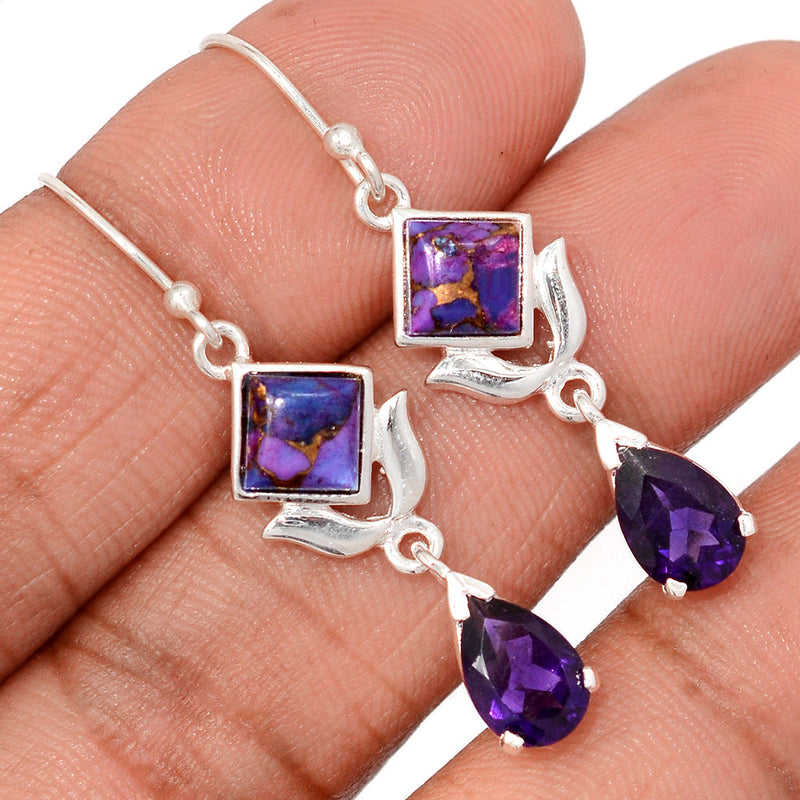 1.7" Designer - Amethyst Faceted & Purple Copper Turquoise Earrings - DSNE244