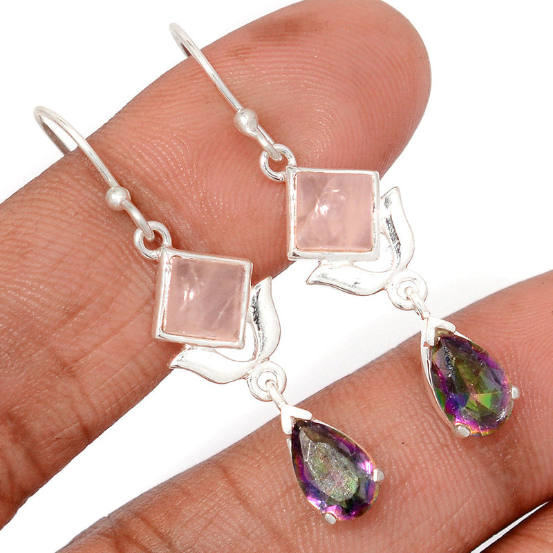 1.7" Designer - Rainbow Topaz & Rose Quartz Earrings - DSNE250