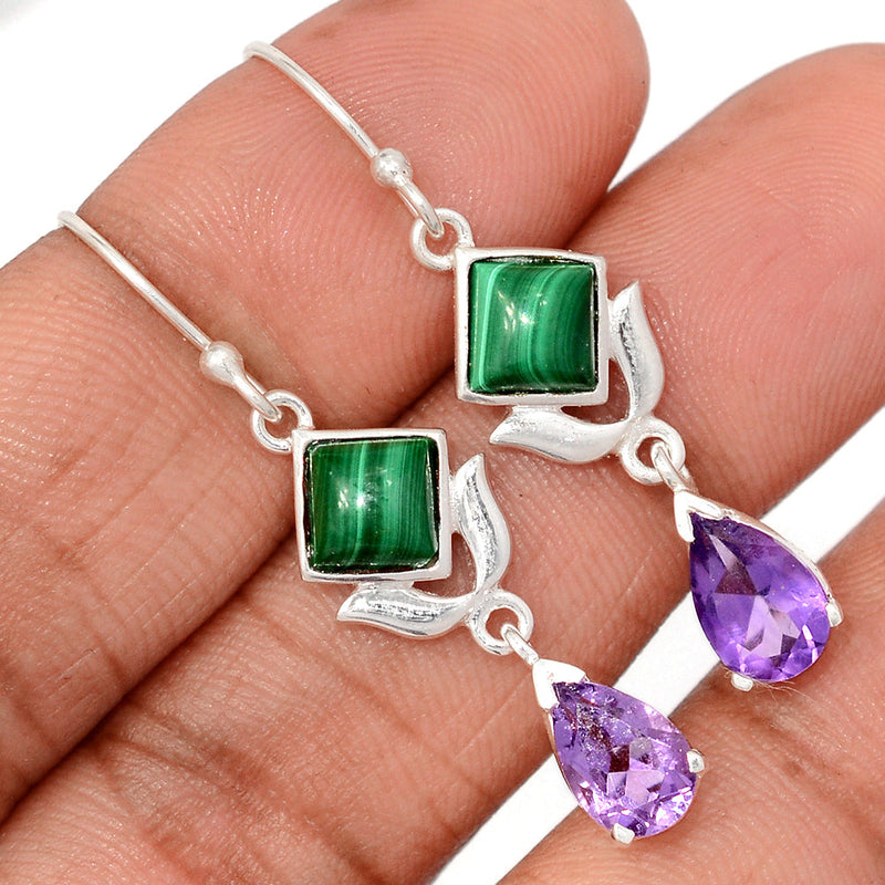 1.7" Designer - Amethyst Faceted & Malachite Earrings - DSNE251