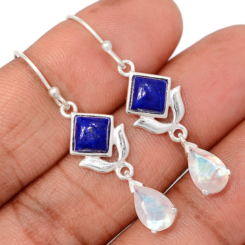 1.7" Designer - Moonstone Faceted & Lapis Earrings - DSNE254