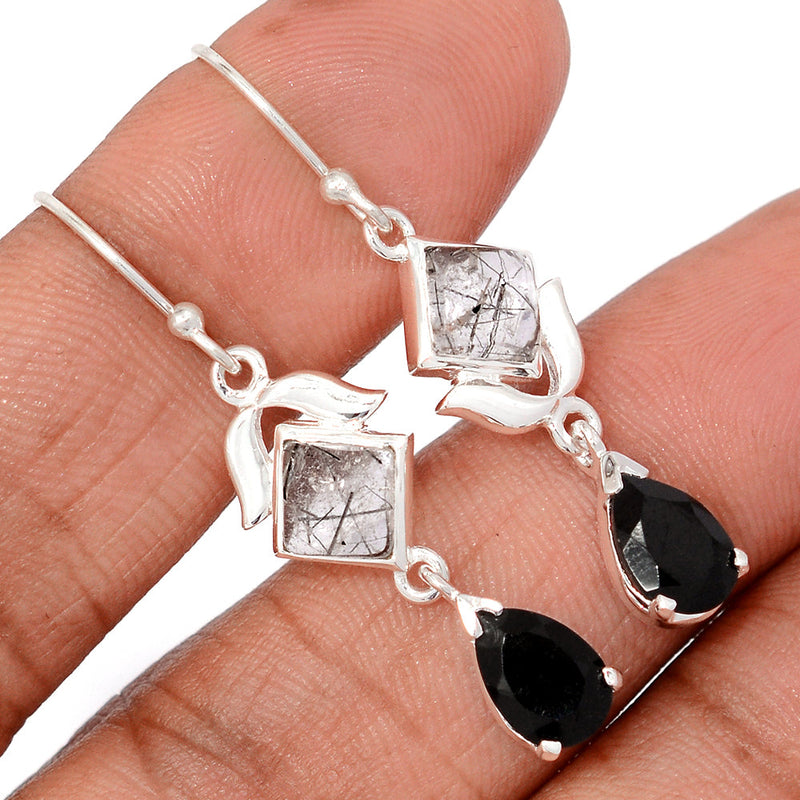 1.7" Designer - Black Onyx Faceted & Black Rutilated Quartz Earrings - DSNE255