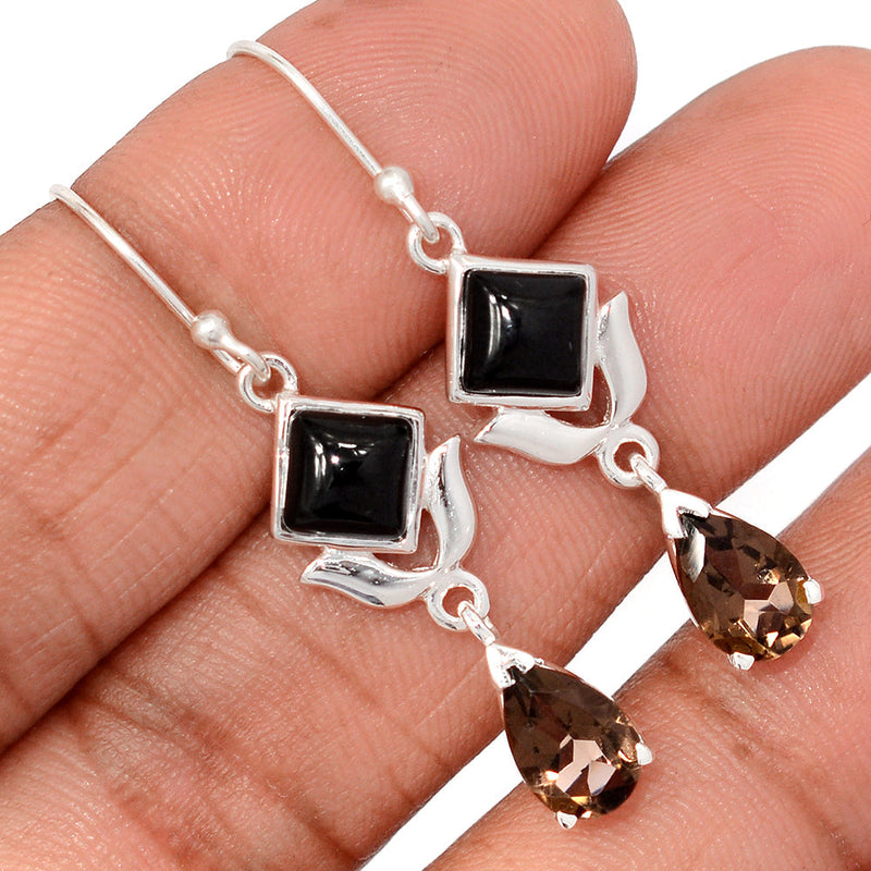 1.7" Designer - Smokey Topaz & Black Onyx Earrings - DSNE258