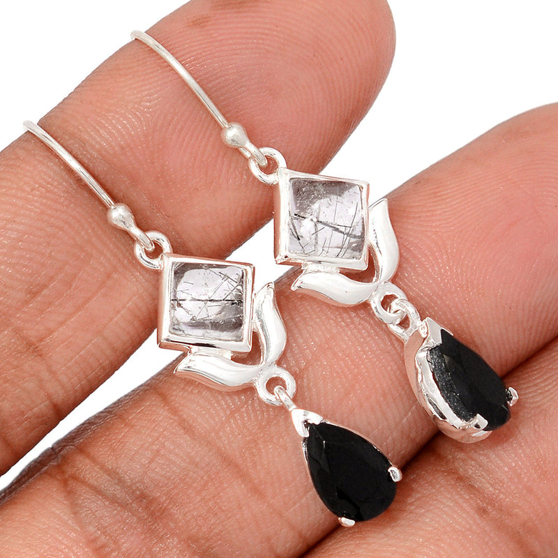 1.7" Designer - Black Onyx Faceted & Black Rutilated Quartz Earrings - DSNE260