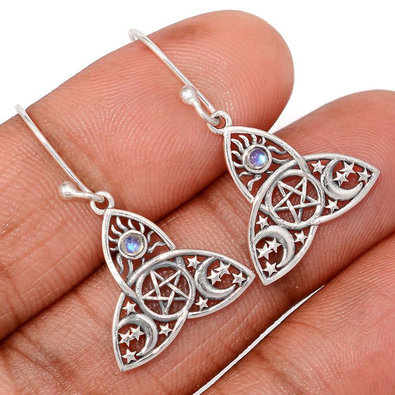 1.2" Celtic Moon, Sun & Star - Rainbow Moonstone Earrings - DSNE264