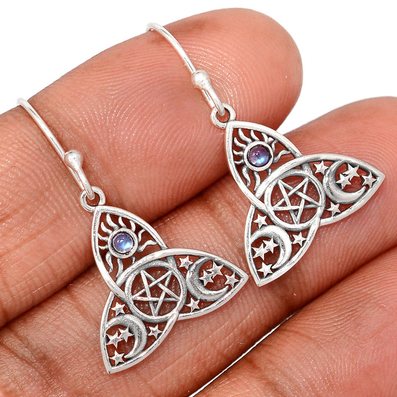 1.2" Celtic Moon, Sun & Star - Rainbow Moonstone Earrings - DSNE266