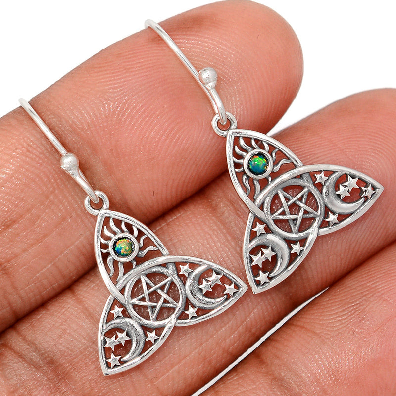 1.2" Celtic Moon, Sun & Star - Lab Grown Fire Opal Earrings - DSNE274