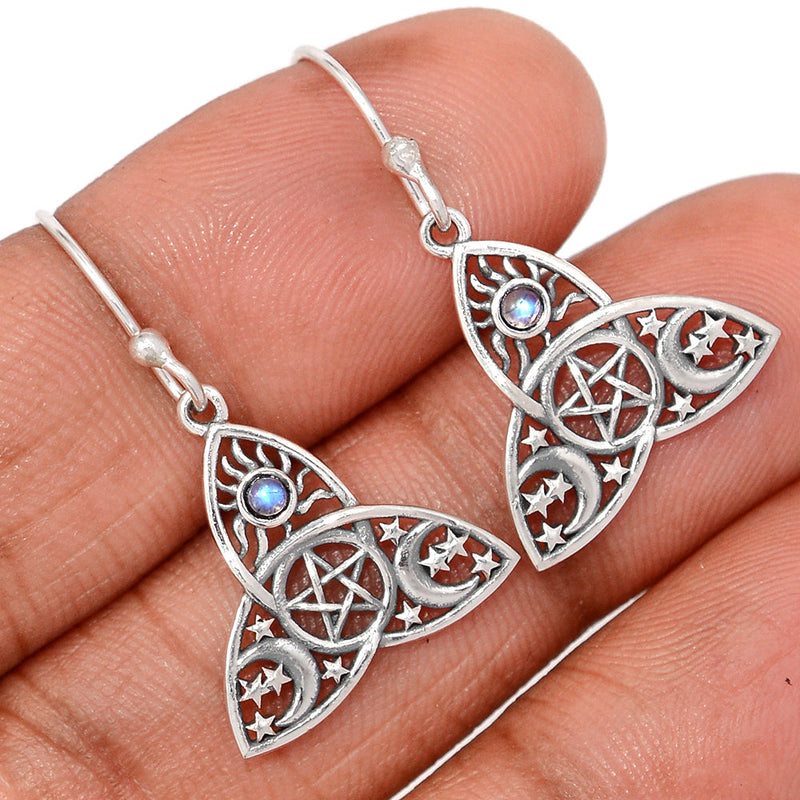 1.2" Celtic Moon, Sun & Star - Rainbow Moonstone Earrings - DSNE298