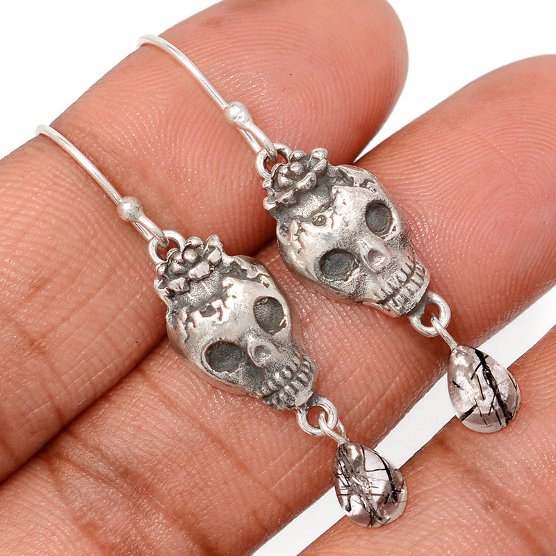 1.7" Skull - Black Rutilated Quartz Earrings - DSNE306