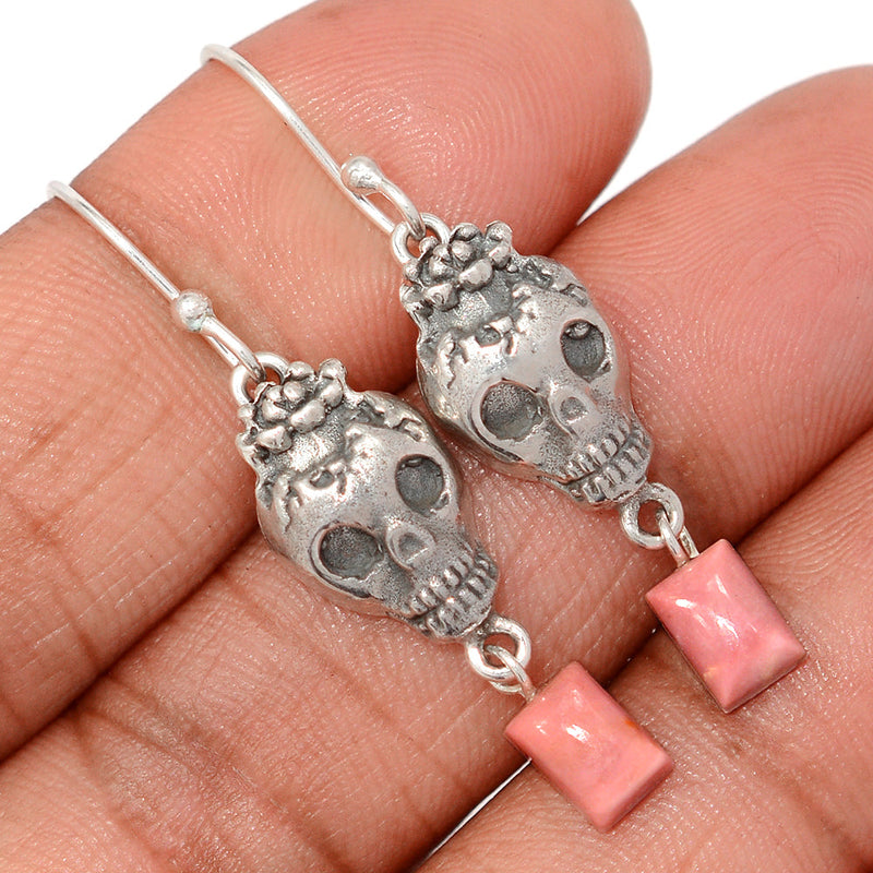 1.7" Skull - Australian Pink Opal Earrings - DSNE307