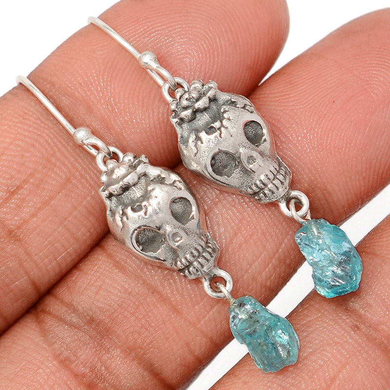 1.7" Skull - Neon Blue Apatite Earrings - DSNE308