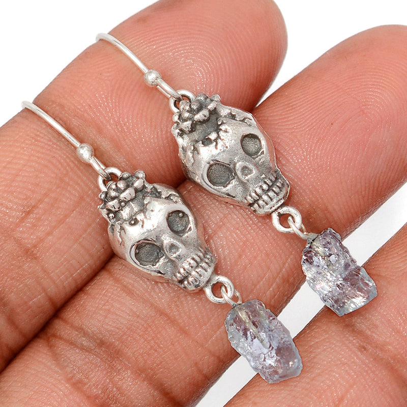 1.7" Skull - Aquamarine Rough Earrings - DSNE309