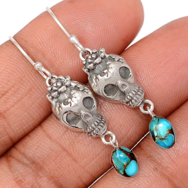 1.6" Skull - Copper Blue Turquoise Earrings - DSNE310