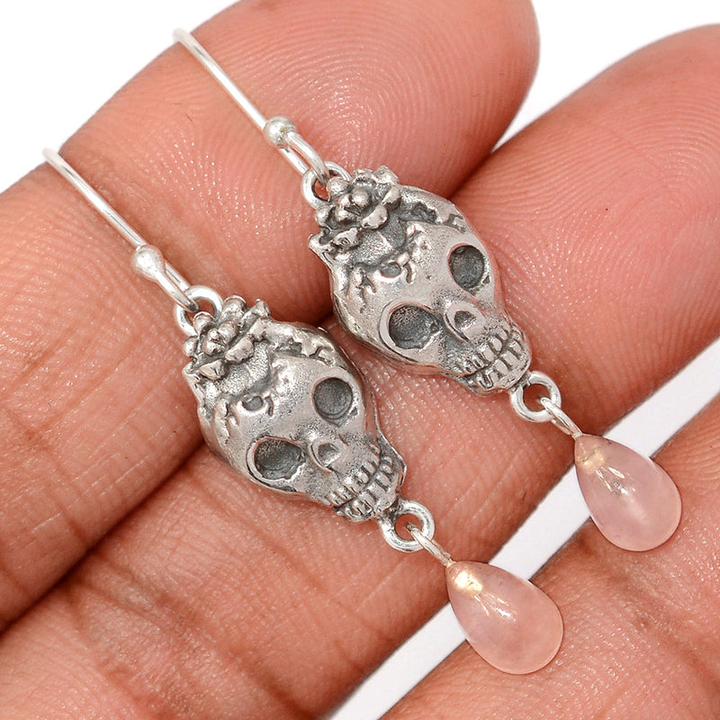 1.7" Skull - Rose Quartz Earrings - DSNE313