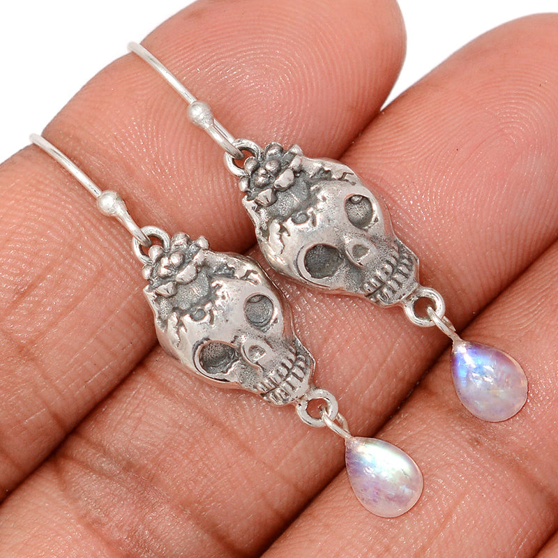 1.7" Skull - Rainbow Moonstone Earrings - DSNE320