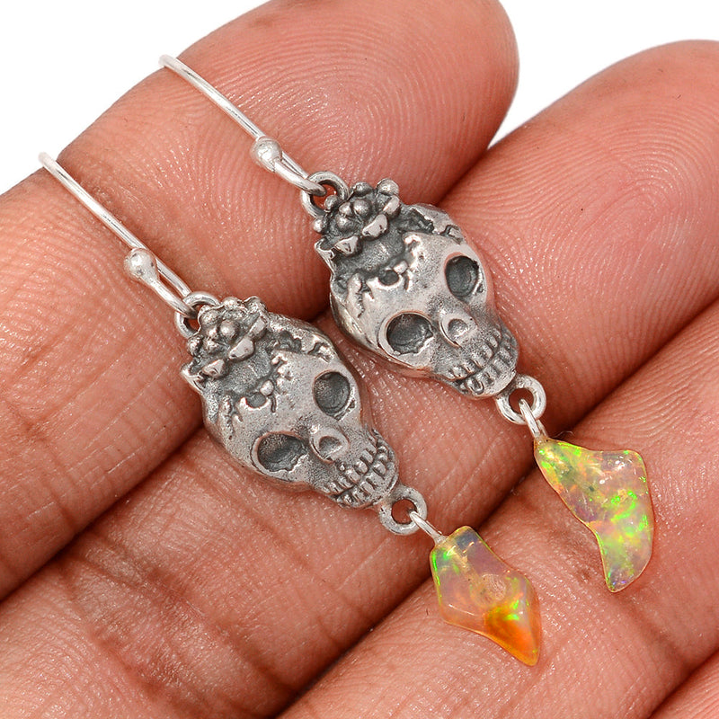1.7" Skull - Ethiopian Opal Polish Rough Earrings - DSNE322