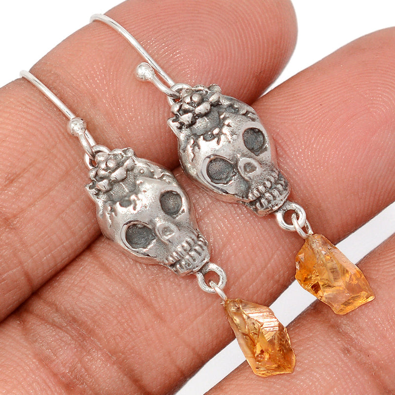 1.7" Skull - Citrine Rough Earrings - DSNE324