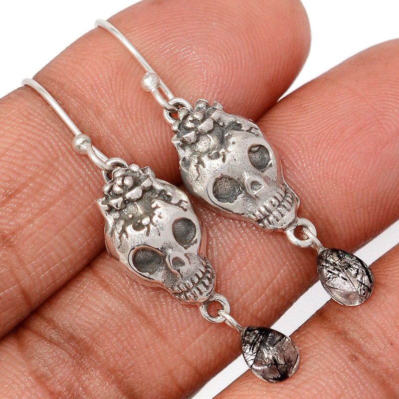 1.7" Skull - Black Rutilated Quartz Earrings - DSNE333