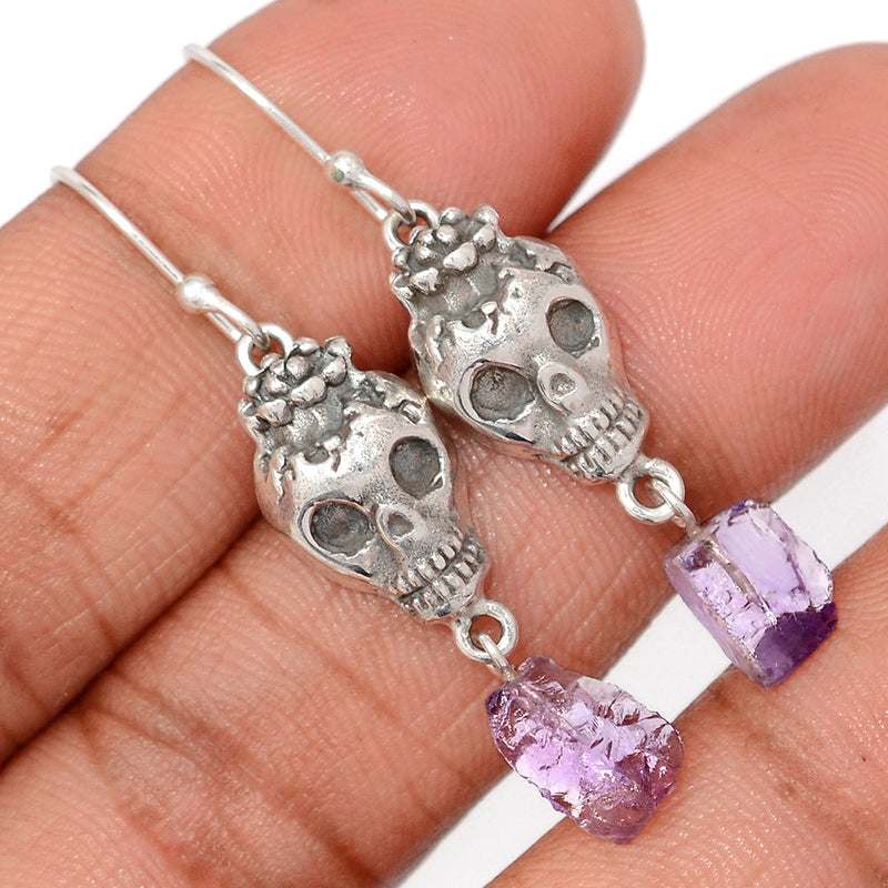 1.7" Skull - Amethyst Rough Earrings - DSNE334