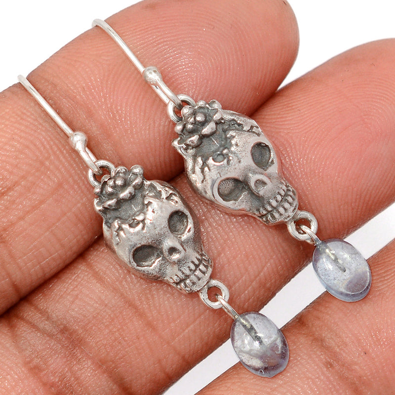 1.7" Skull - Aquamarine Cabochon Earrings - DSNE336