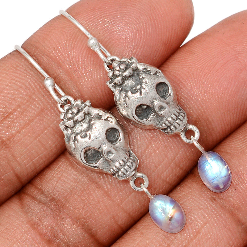 1.7" Skull - Rainbow Moonstone Earrings - DSNE337