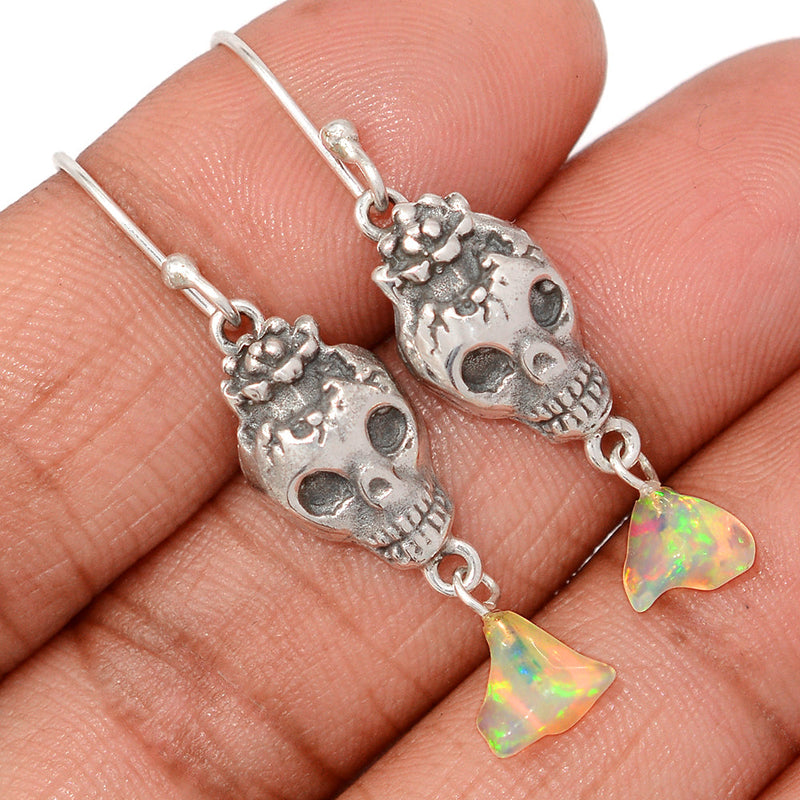 1.6" Skull - Ethiopian Opal Polish Rough Earrings - DSNE340
