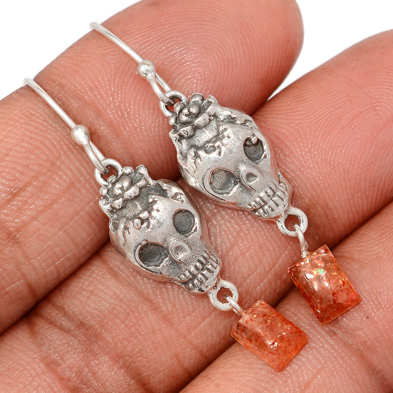 1.6" Skull - Rainbow Sunstone Earrings - DSNE341