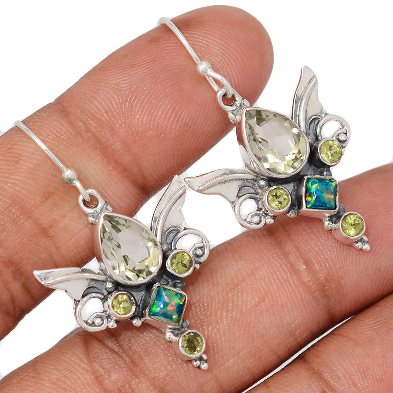 1.6" Scared Angel Wings - Green Amethyst, Lab Grown Fire Opal & Periot Earrings - DSNE80