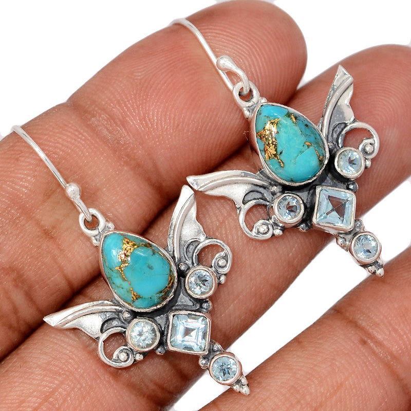 1.6" Scared Angel Wings - Blue Copper Turquoise & Blue Topaz Earrings - DSNE81