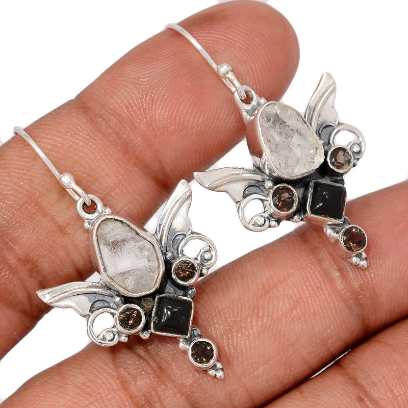 1.6" Scared Angel Wings - Herkimer Diamond, Black Onyx & Smokey Quartz Earrings - DSNE82