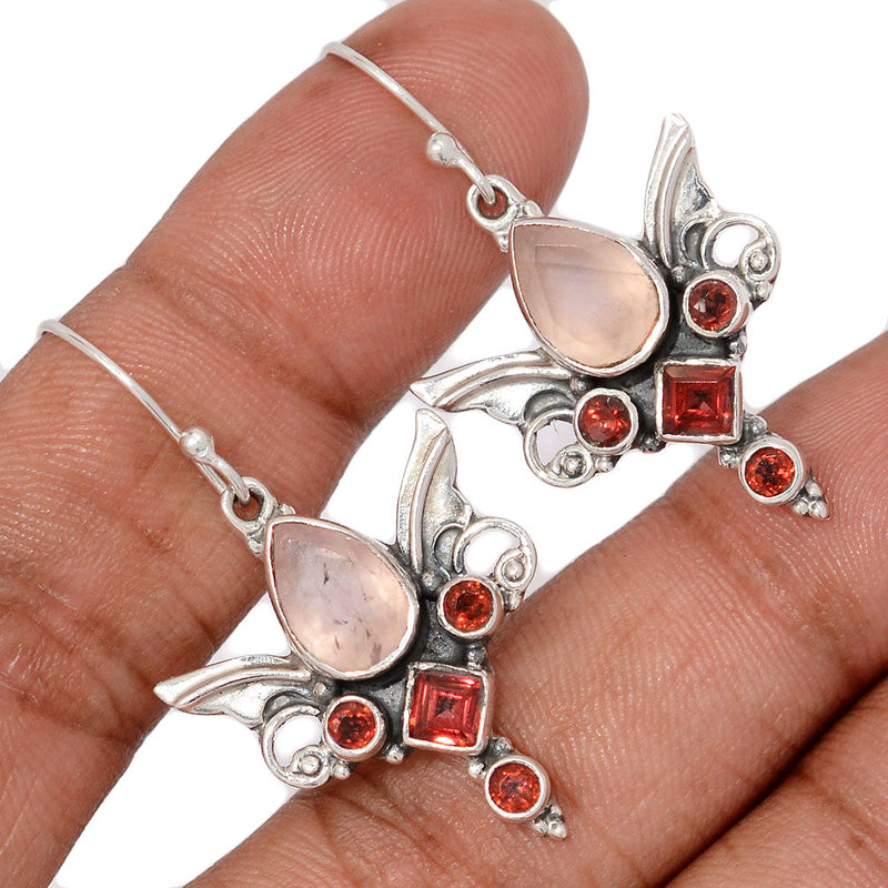 1.6" Scared Angel Wings - Rose Quartz Faceted & Garnet Faceted Earrings - DSNE83