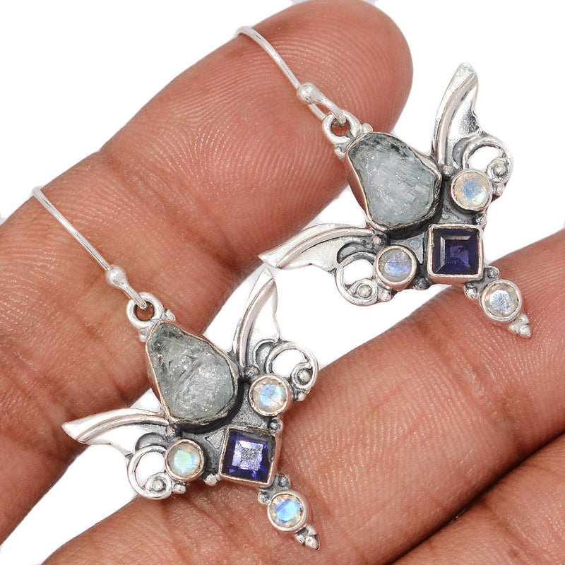 1.6" Scared Angel Wings - Aquamarine Rough, Iolite & Scared Angel Wingsstone Faceted Earrings - DSNE84