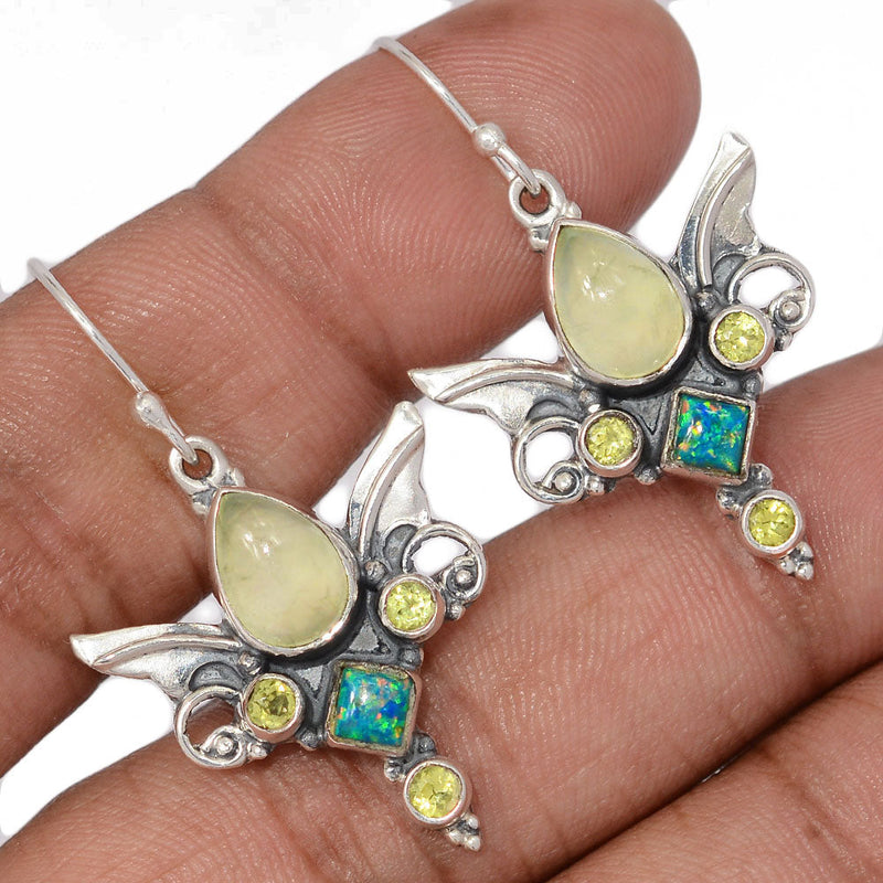 1.6" Scared Angel Wings - Prehnite, Peridot Faceted & Lab Grown Fire Opal Earrings - DSNE87