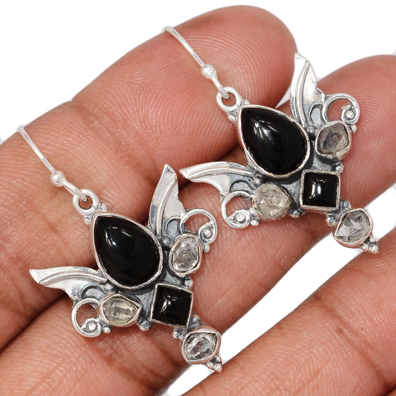 1.6" Scared Angel Wings - Black Onyx & Herkimer Diamond Earrings - DSNE90