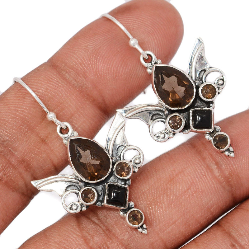 1.6" Scared Angel Wings - Smokey Quartz & Black Onyx Earrings - DSNE91
