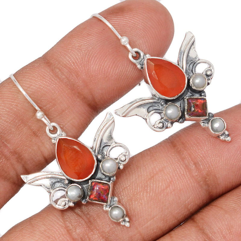 1.6" Scared Angel Wings - Carnelian Faceted, Lab Grown Fire Opal & Pearl Earrings - DSNE92