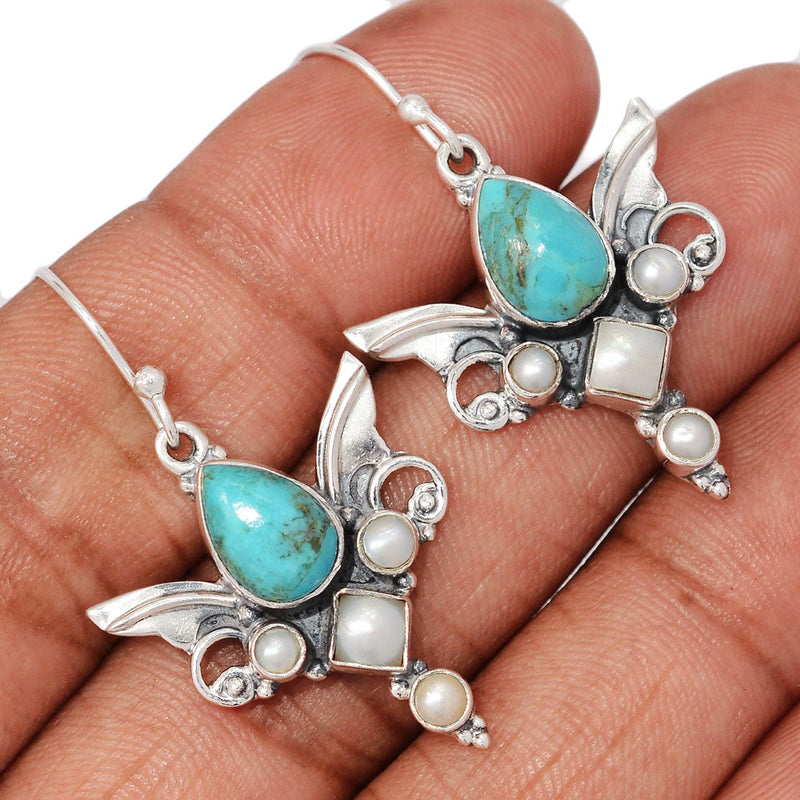 1.6" Scared Angel Wings - Blue Mohave Turquoise & Pearl Earrings - DSNE93