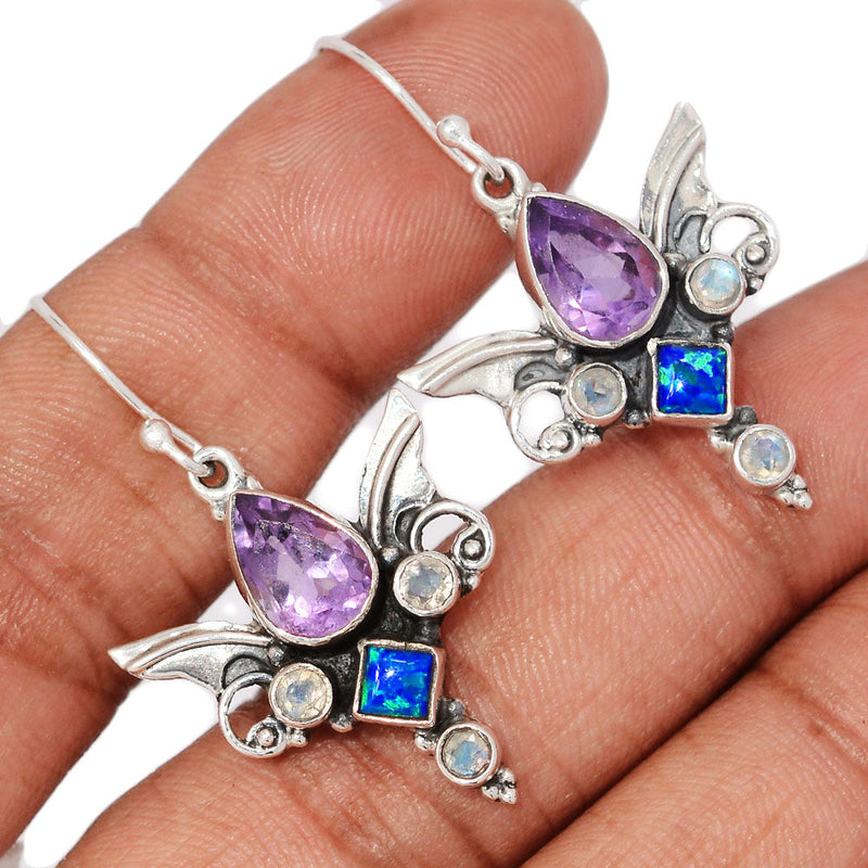 1.6" Scared Angel Wings - Amethyst Faceted, Lab Grown Fire Opal & Scared Angel Wingsstone Faceted Earrings - DSNE94