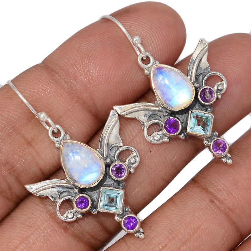 1.6" Scared Angel Wings - Rainbow Scared Angel Wingsstone, Blue Topaz & Amethyst Faceted Earrings - DSNE95