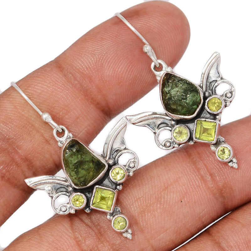 1.6" Scared Angel Wings - Green Apatite Rough & Peridot Faceted Earrings - DSNE96