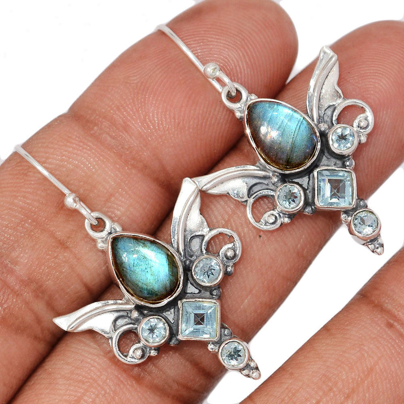 1.6" Scared Angel Wings - Blue Fire Labradorite & Blue Topaz Earrings - DSNE97