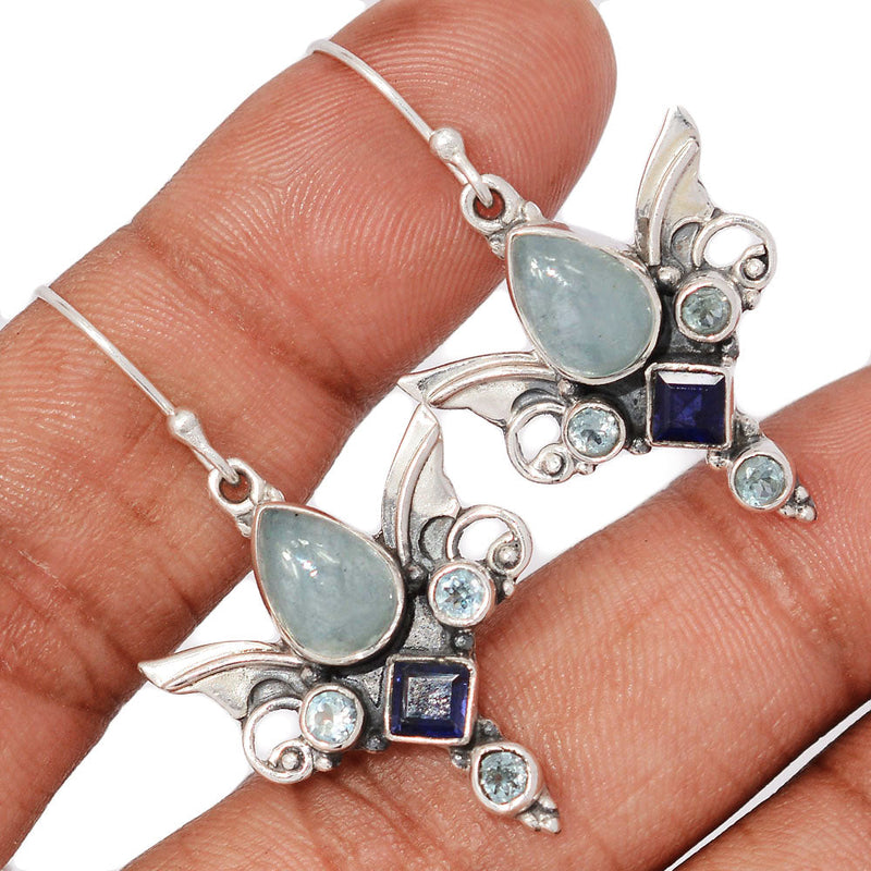 1.6" Scared Angel Wings - Aquamarine Cabochon, Iolite & Blue Topaz Earrings - DSNE98